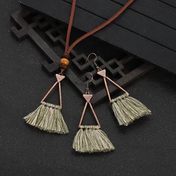 Vintage Boho Ethnic Geometric Triangular Tassels Earring Necklace Sets for Women Long Dangle Earrings Female Party Jewelry
