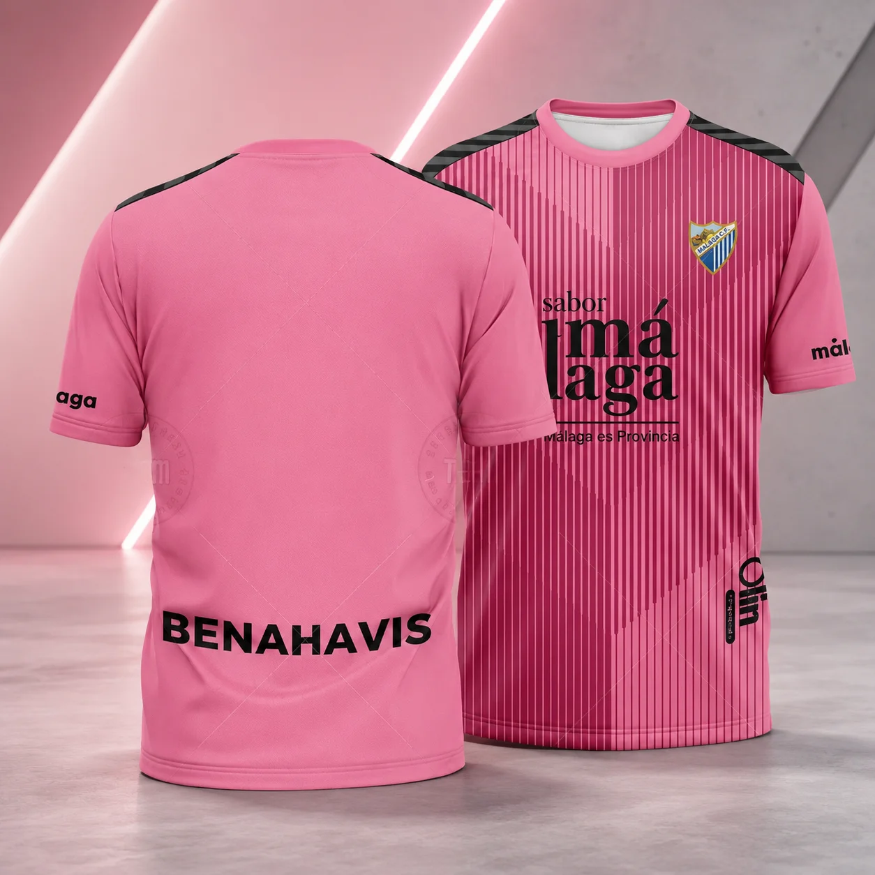 Malaga CF Benahavis Soccer Jersey, Men Short Sleeve Pink Stripe Football Shirt, Quick‑Dry Breathable Sport Uniform For Training