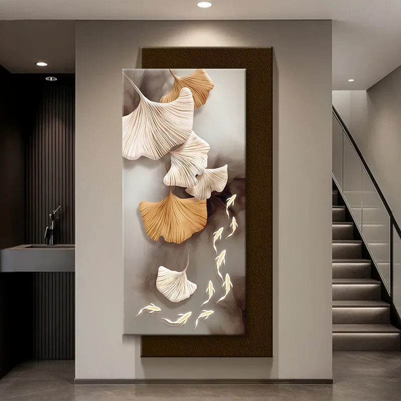Light Luxury Ginkgo Biloba Porch Decorative Painting Hydroponic Green Plants Nine Fish Picture With Lamp Painting Sandstone Pain
