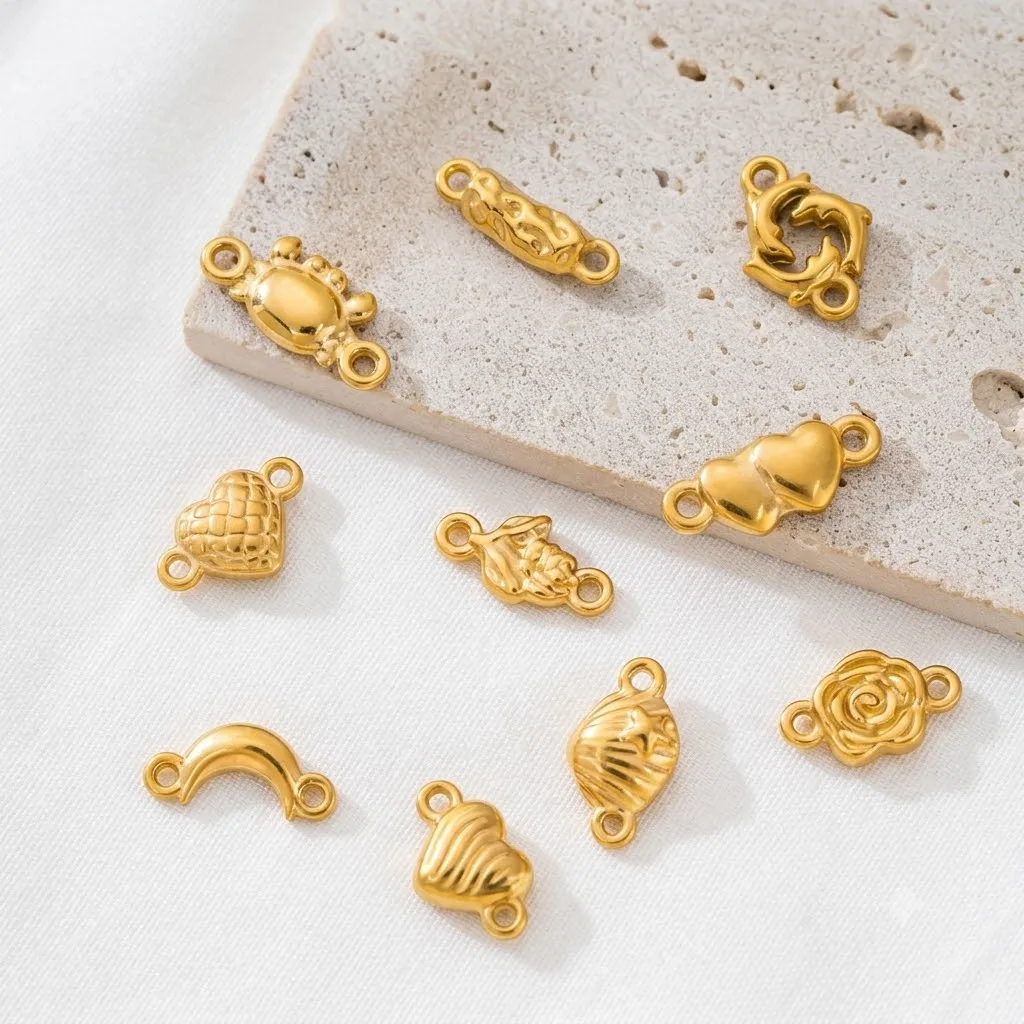 10pcs  Stainless Steel Gold Plated Heart Moon Double Hole Charms Jewelry Connector For Bracelet Necklace Making Pendant Findings