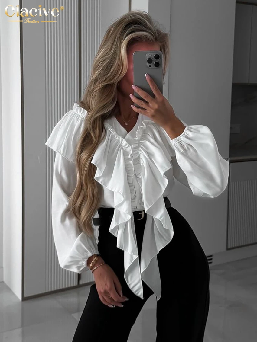 

Clacive Fashion Loose White Office Women Shirt 2025 Casual V-Neck Long Sleeve Shirts Elegant Classic Ruffle Top Female Clothing