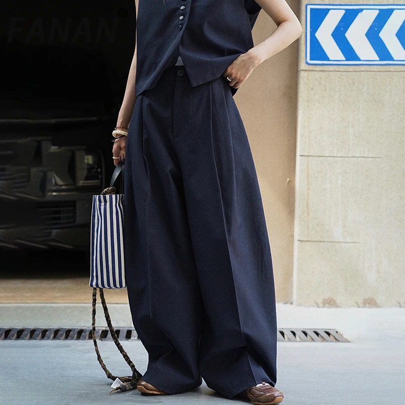 

FANAN Vintage Pleated Wide Leg Pants For Women High Waist Straight Loose Trousers Office Lady Clothing Female 2025 Autumn New