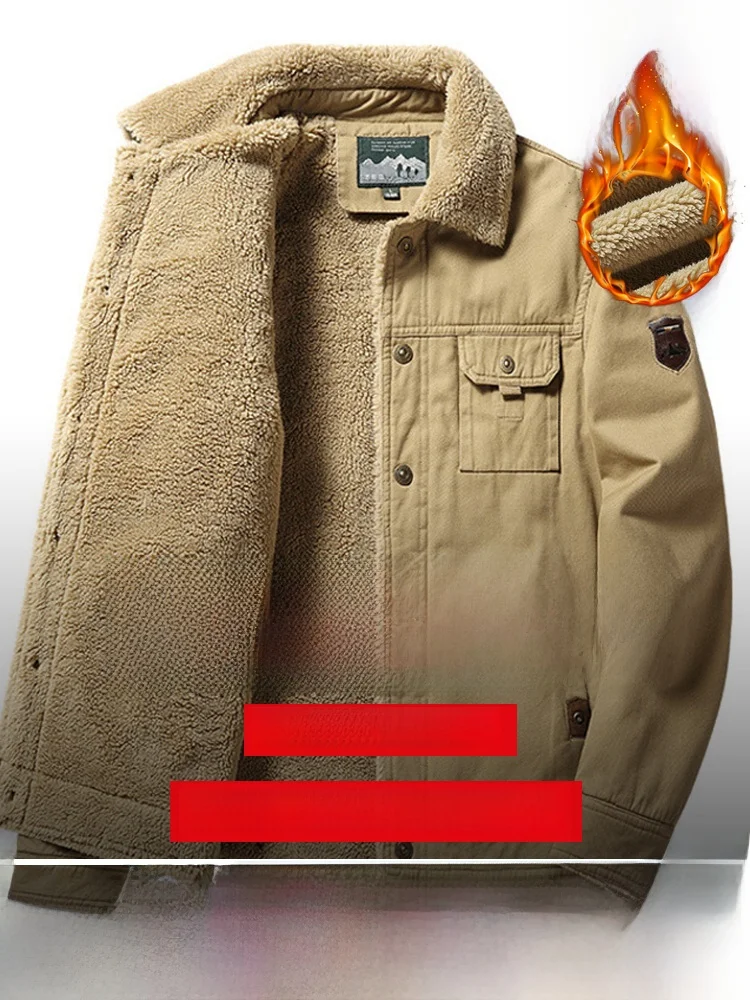 

Мужская рабочая куртка из чистого хлопка с воротником из овечьей шерсти, утепленная зимняя куртка, повседневная, приталенная, с хлопковым наполнителем