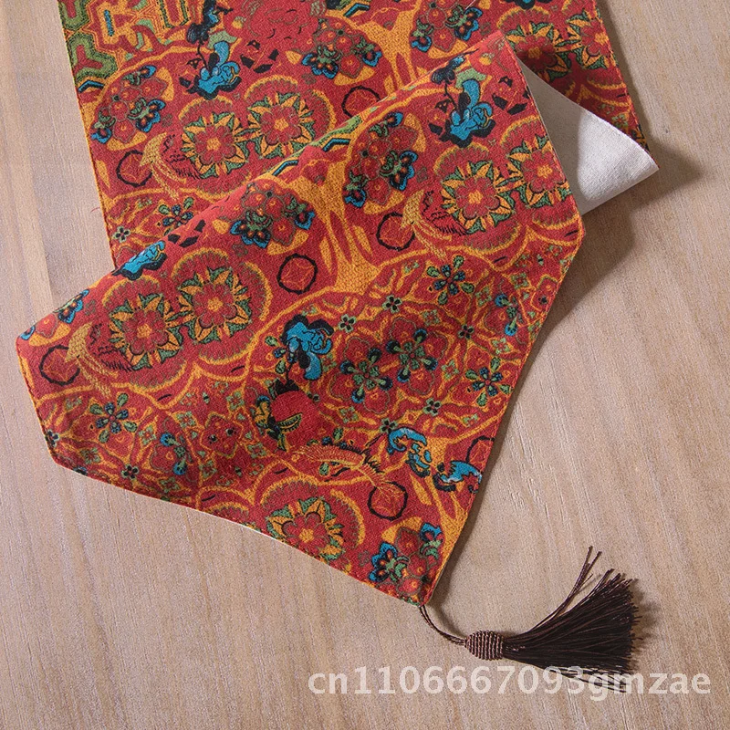 

Classical Chinese Print Tassel Fabric Table Flag Dunhuang Mural Tea Mat Decorative Cloth Light Luxury Geometric Abstract