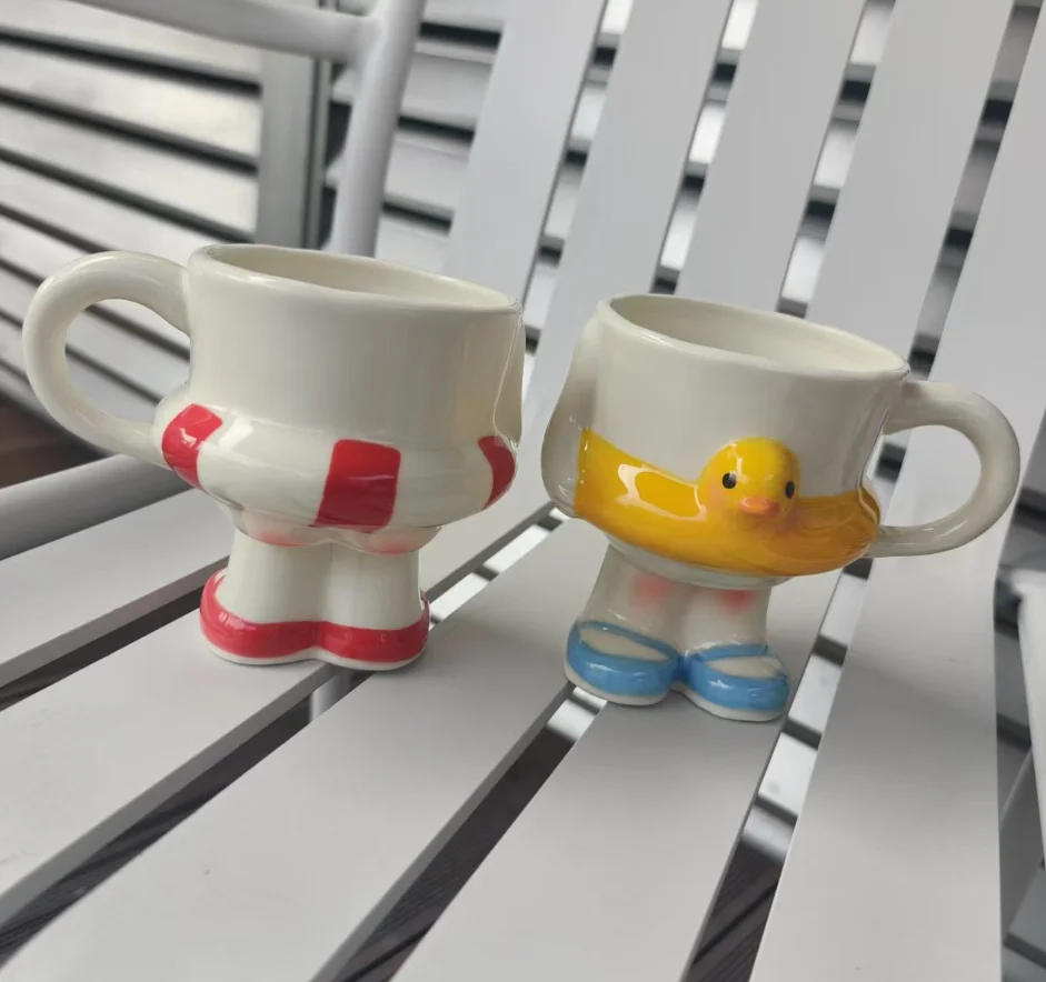 3D Cartoon Duck Ceramic Mug with Feet 345ml Cute Swim Ring Design Coffee Cup Home Kitchen Table Decor Drinking Cup Gift