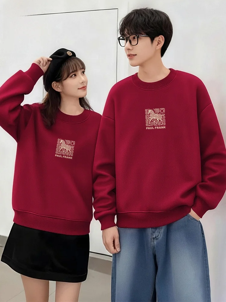 

Толстовка с капюшоном на флисовой подкладке цвета винно-красный, очень теплая, повседневная, с длинными рукавами, круглым вырезом и принтом, модель 2026 года