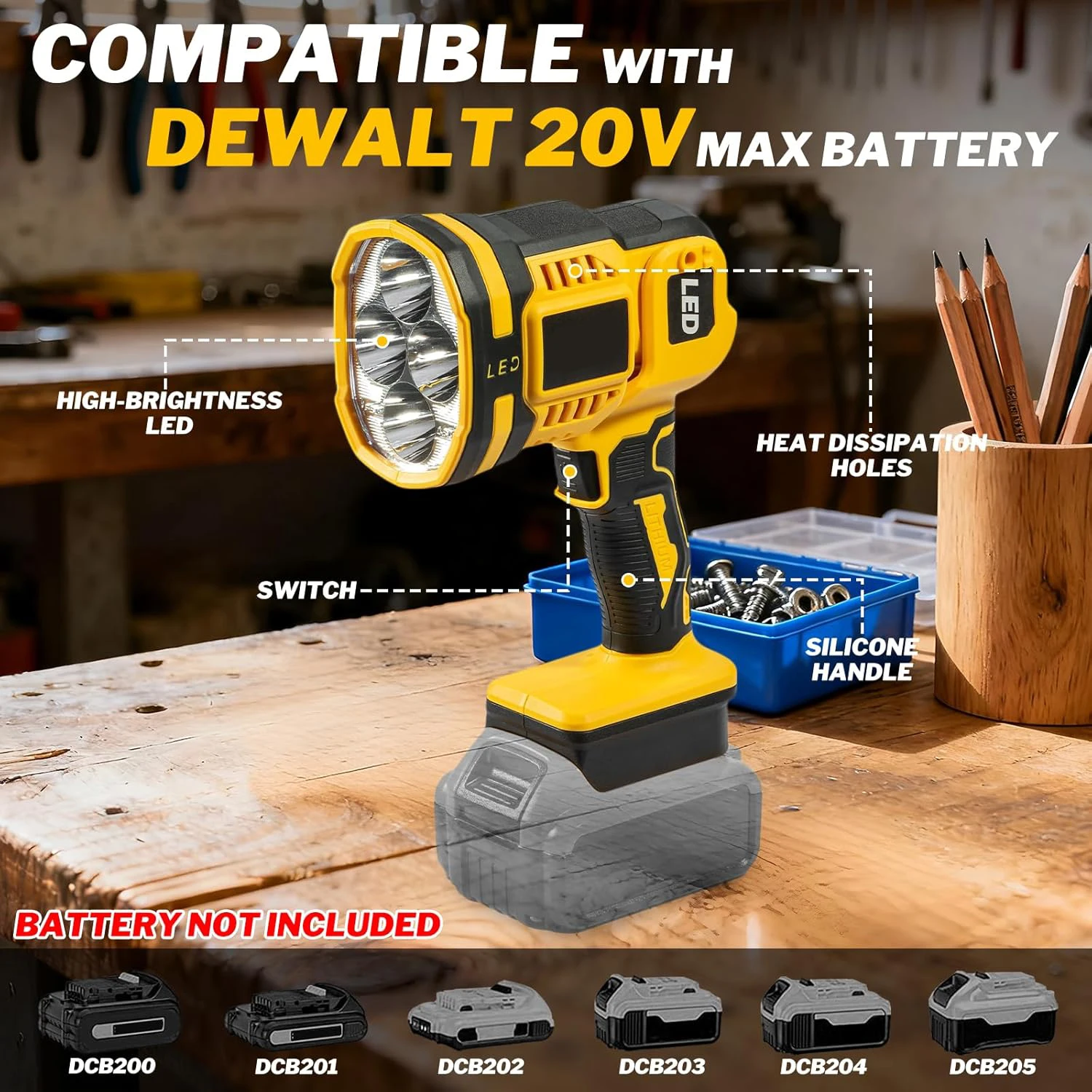 20V LED Work Light / Flashlight For DeWalt - Handheld Spotlight Far Distance 1500 Lumens Cordless Spotlights Power tools