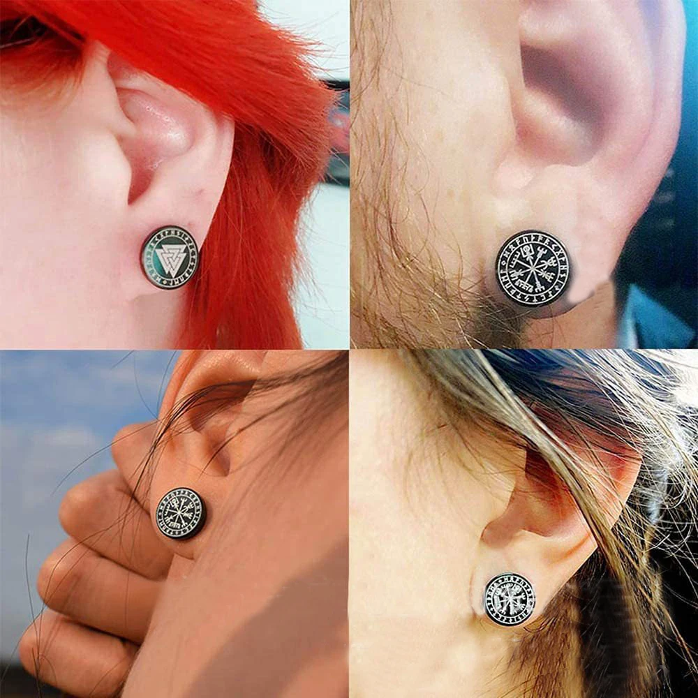 Gothic Norse Viking Runes Stud Earrings for Men Boys Rock Punk Stainless Steel Valknut Wolf Head Compass Celtic Knot Earrings