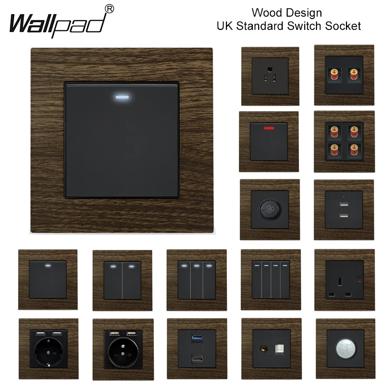 1 2 3 Gang Switch with LED Wallpad Metal Panel Wood Design 20A 45A Fan Dimmer Switch UK EU 3.1A Fast USB Charger Socket 220V