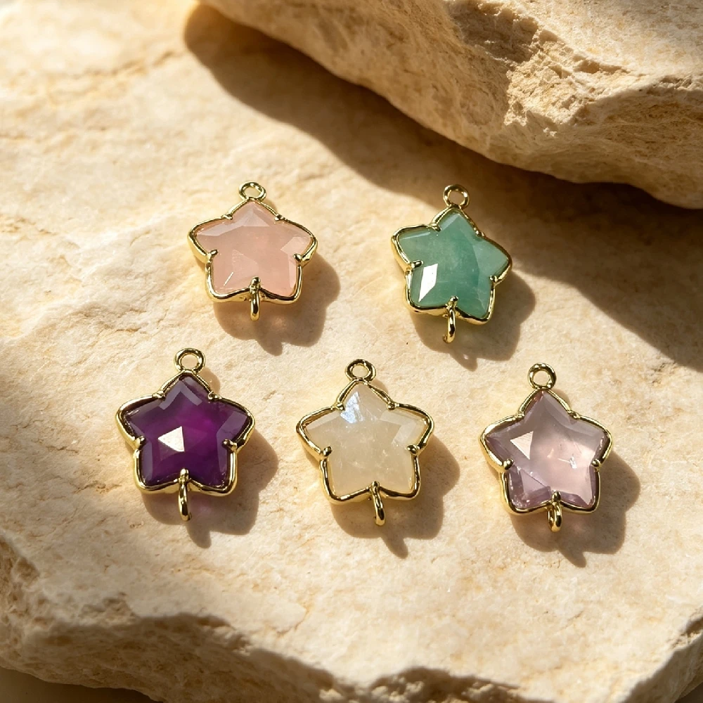 Five Point Star Faceted Crystal Finger Charms Wire Wrapped Dual Loop Adjustable Band Golden Plated DIY Craft E2R1063