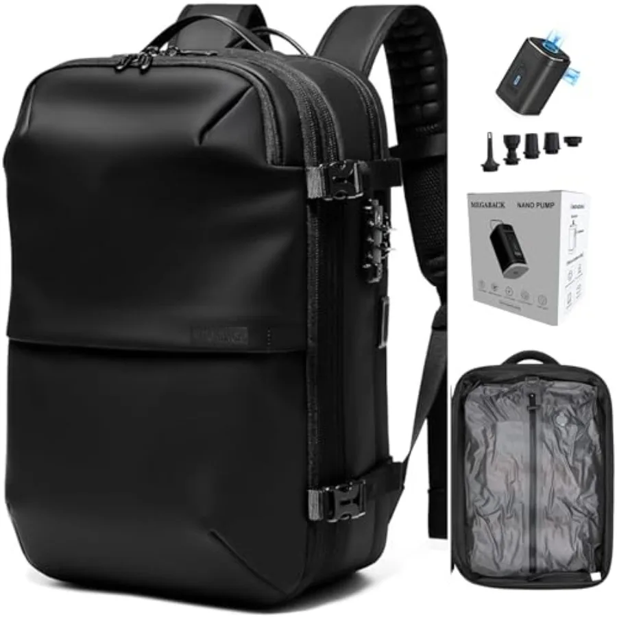 60L Expandable Vacuum Airbag Travel Backpack with Pump Water Resistant TSA Lock USB Charging Port Black