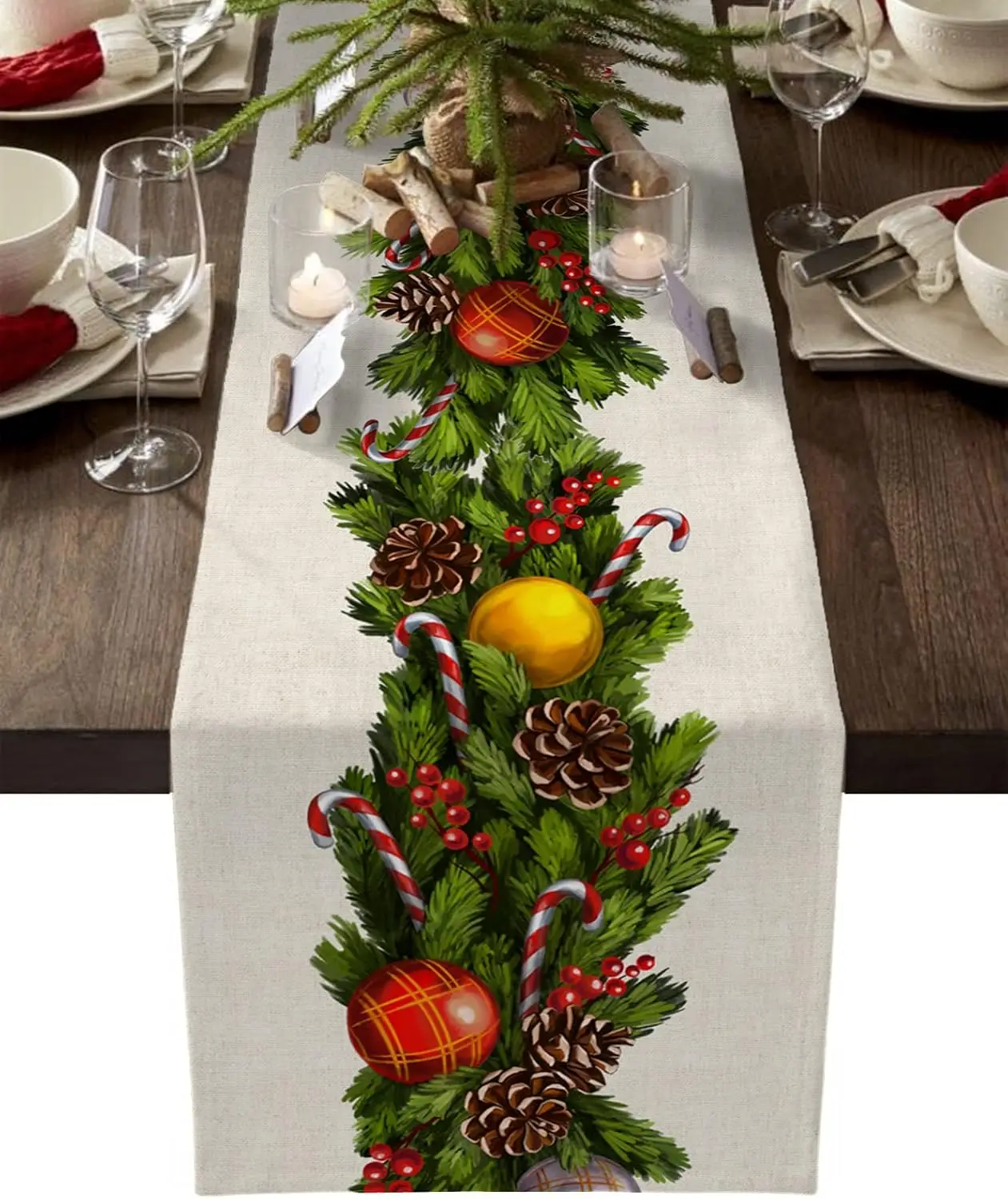 

Christmas Pine Needles Berries Linen Table Runner Home Party Decor Winter Xmas Balls Kitchen Table Runners Christmas Decorations
