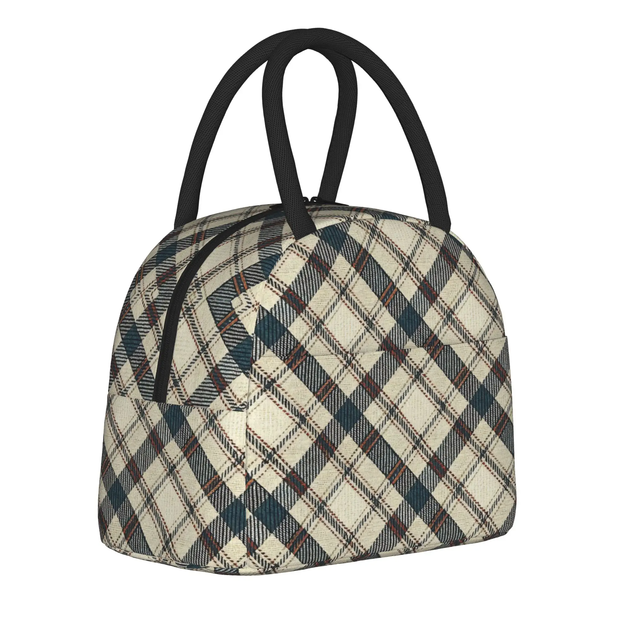 Navy and Tan Tartan  Insulated Lunch Bags High Capacity  Reusable Cooler Bag Tote Lunch Box School  Outdoor Men Women