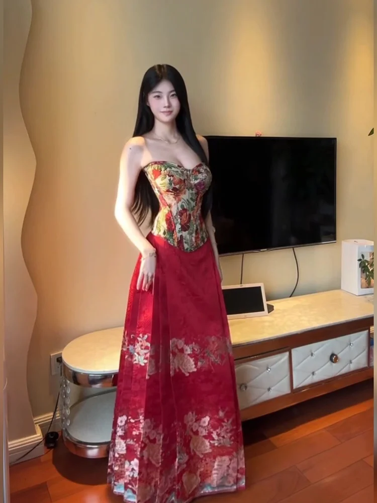 

XZY Xinzhengyan Retro Print Fibone Strap Women's plus Size Summer National Sle Tailed Skirt Set Korean Sle High W...