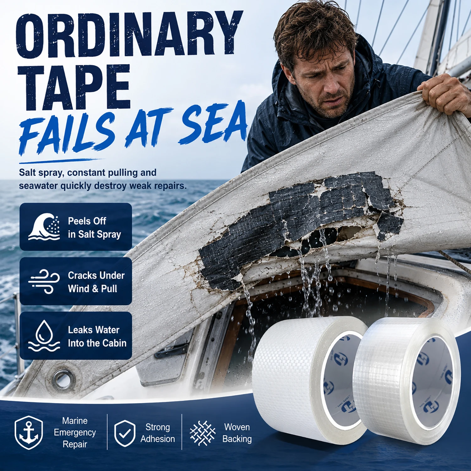 Reparaturband aus Segeltuch in Marinequalität, superstark klebend, wasserdicht, UV-beständig, für Bootssegel, Abdeckungen, robuste Reparatur von Rissen – Detail 1
