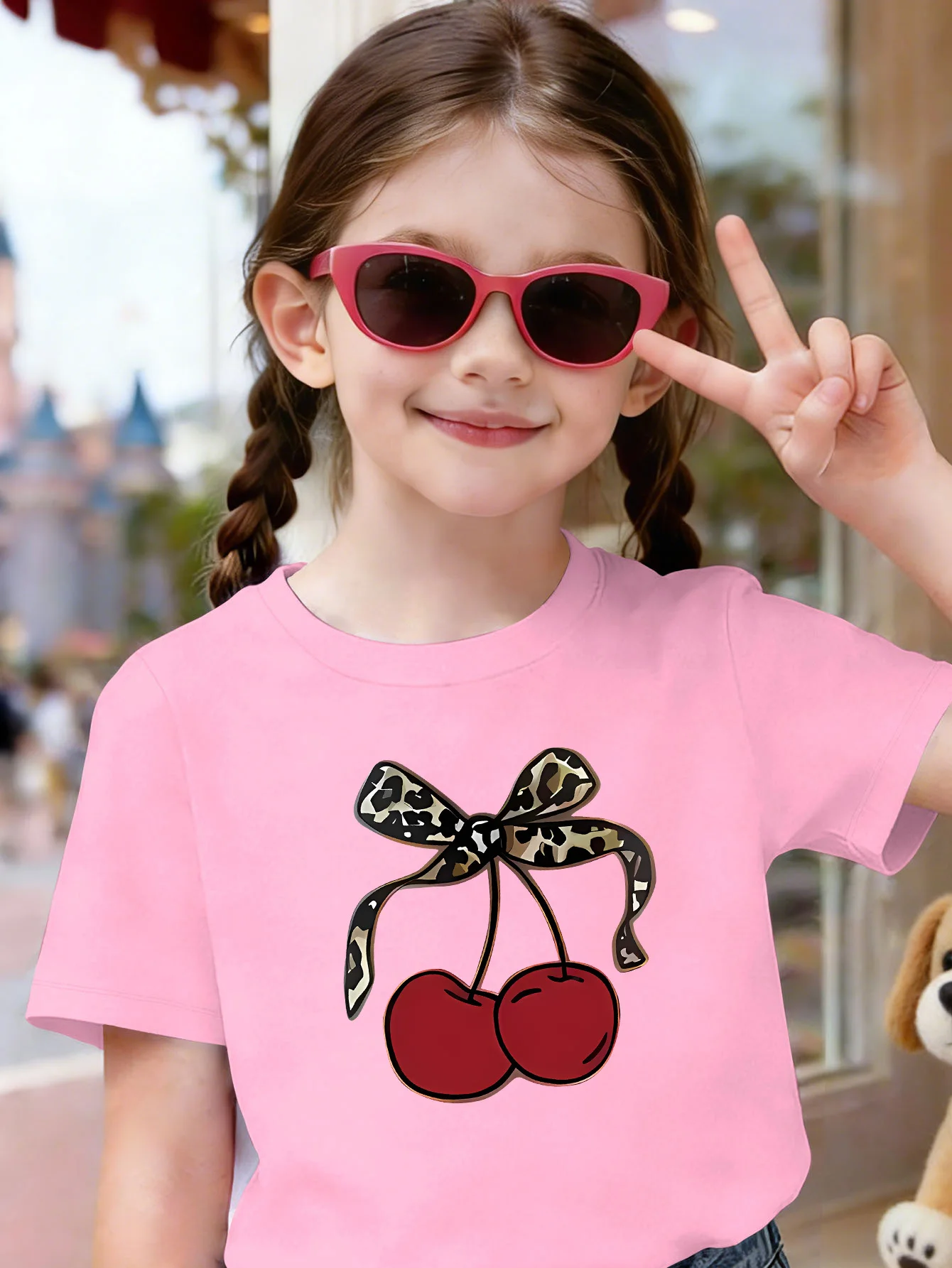 Leopard Bow Cherry Print Kids T Shirt Boys Girls Family Match Cotton Crew Neck Short Sleeve Soft Summer Casual Daily Kids Outfit