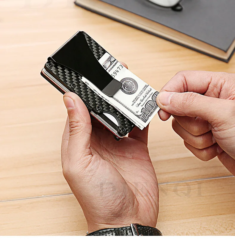 Minimalistische Geldbörse für Herren, Geldscheinklammer-Geldriemen-Geldbörse, RFID-blockierende Metall-Geldbörse, Kartenhalter aus Aluminium (Kohlefaser) – Detail 2