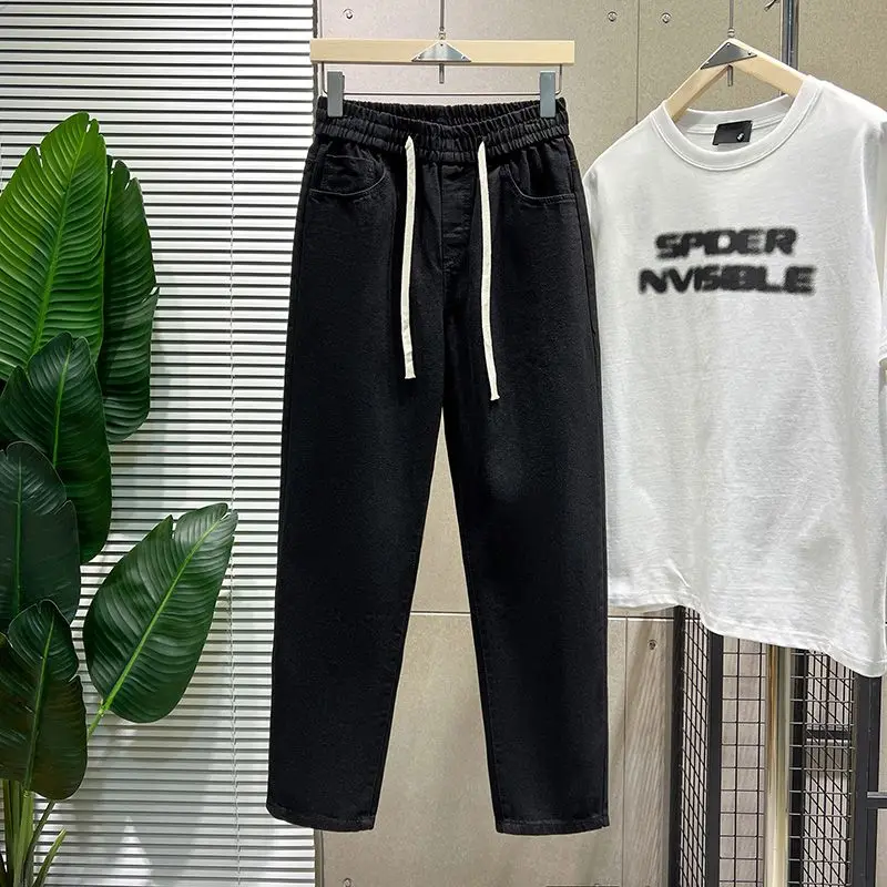 

Black Slim Straight Jeans Men's Trendy Corduroy Waist Casual Straight Leg Pants Spring Autumn Seasonal Wear Cotton Polyester ...