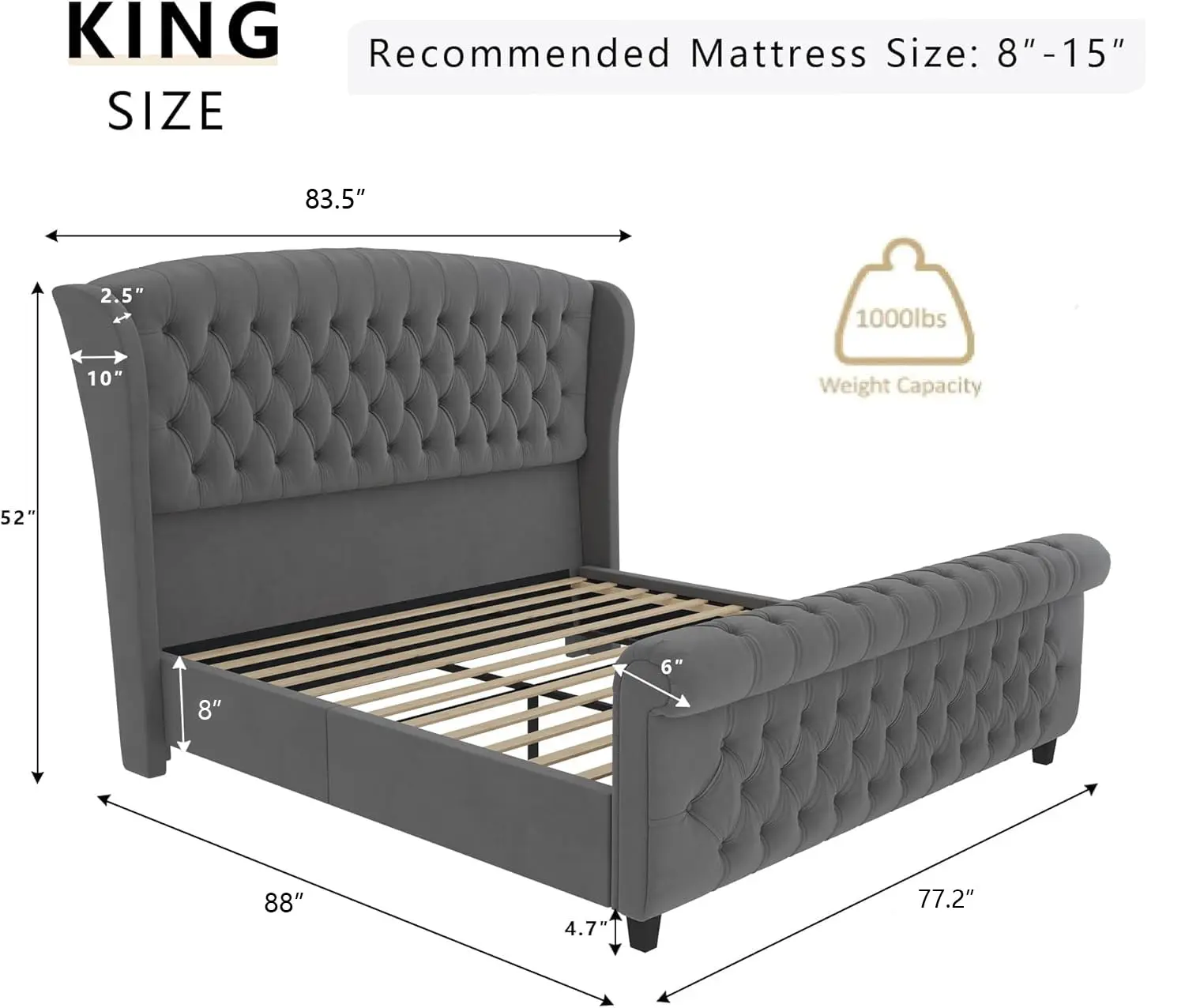 King Size Upholstered Sleigh Platform Bed Frame with Headboard | Bed Frame with Wingback Headboard, Deep Button, Customized