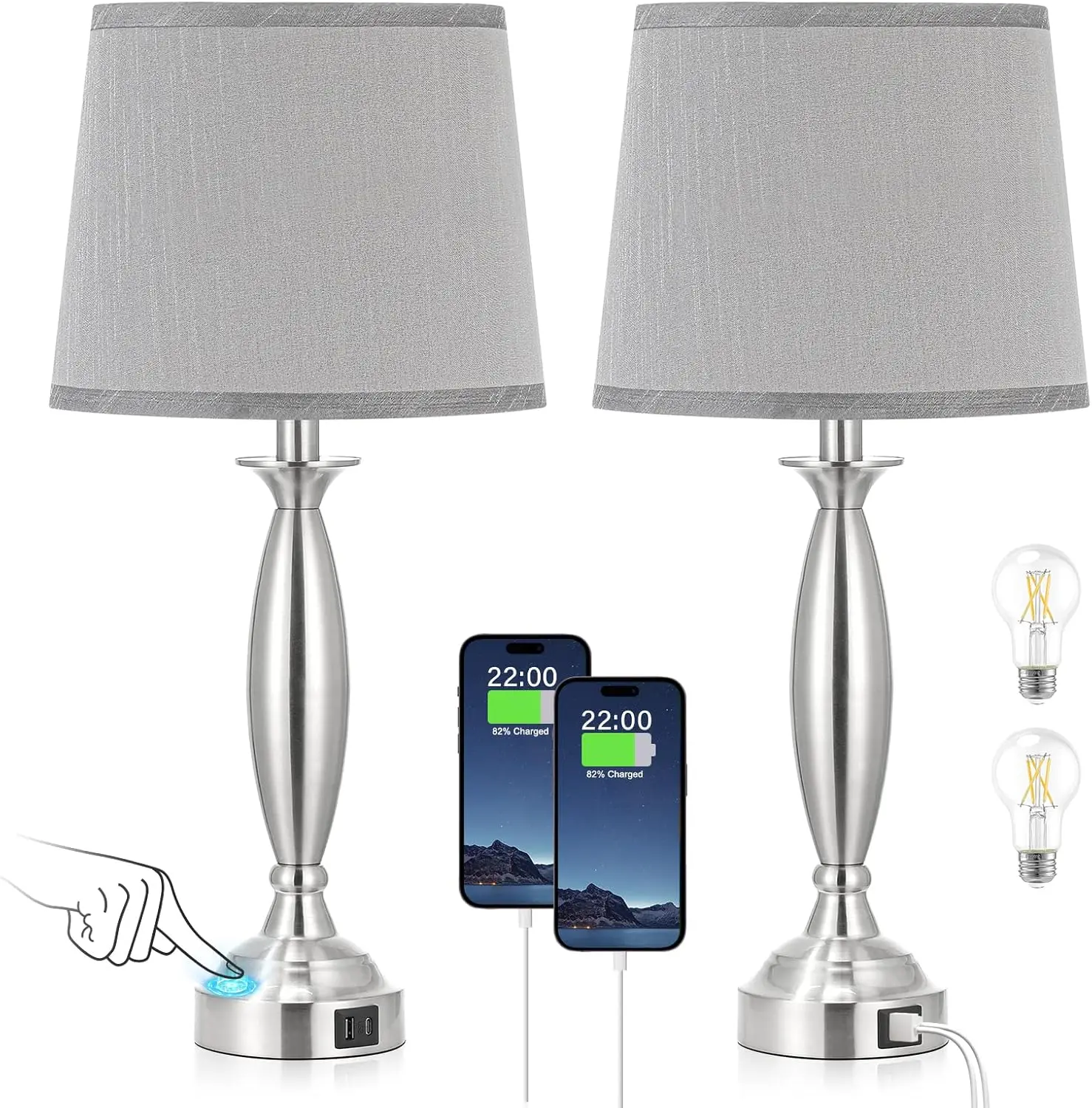 

Touch Dimmable Bedside Lamps Set of 2 with USB C+A Ports, Brushed Nickel Design for Living Room and Bedroom