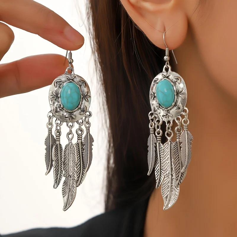 

1 Pair Ethnic Boho Women's Drop Earrings, Turquoise Decor, Feather & Metal Tassel Earrings