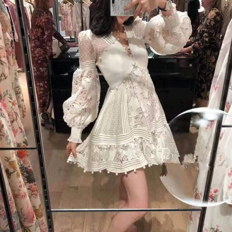 

2025 Spring and Summer New Women's Fashion Elegant Long-sleeved V-neck Sexy Openwork Lace Temperament Dress Lady