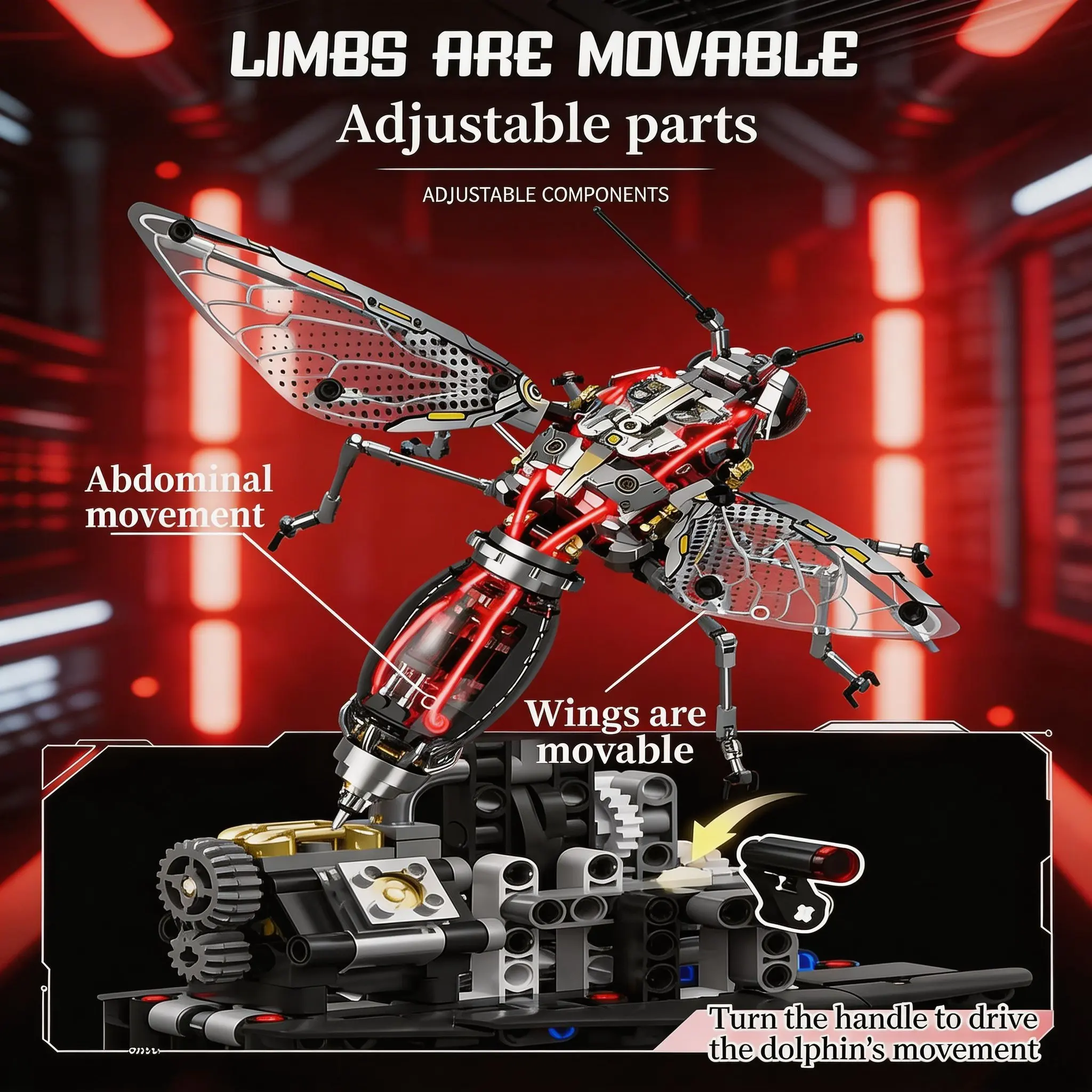 747PCS Mechanical Mosquito Building Blocks, Cyberpunk Insect Model with LED, Collectible STEM Toy Gift for Adults & Kids view 3