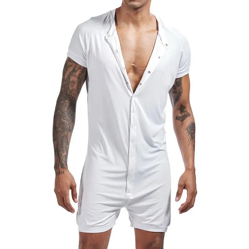 Sexy Pure Color Slim Fit Jumpsuit Short Sleeve Men's Casual Pants Street Style Cotton Fabric Neutral PU Material Jumpsuit