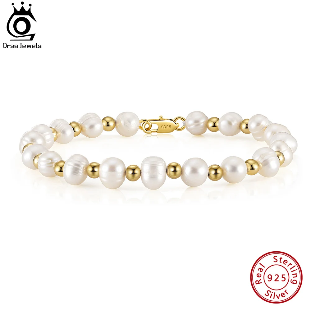 

ORSA JEWELS 18K Gold Ball Bead Pearl Chain Bracelet for Men Women 6-7mm Cultured Freashwater Pearl Bracelet Party Jewelry NMB03