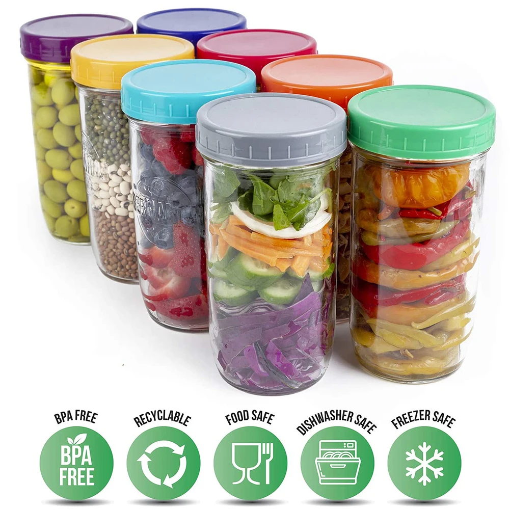 16 pcs Colored Plastic Mason Jar Lids Food-Grade Recyclable Plastic Storage Caps for Mason Canning Jars Resistant