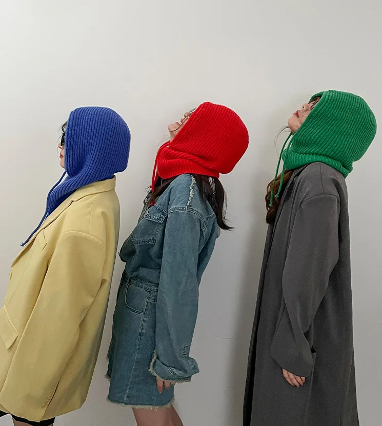 Winter-Damenhüte, Unisex, gestrickt, mit Kapuze, Halskragen, Mütze, Beanie für Männer und Frauen, einteilige Hüte mit Kordelzug, wärmende Sturmhaube – Detail 7