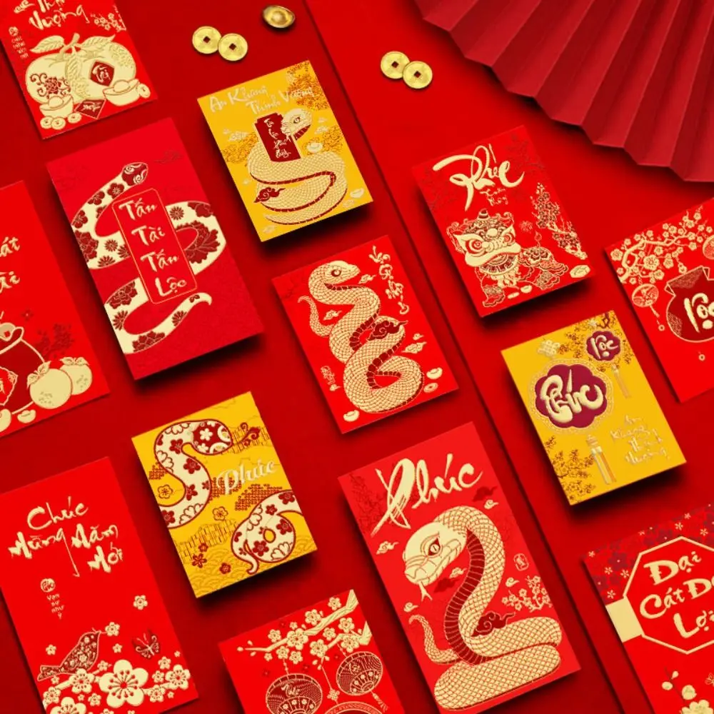 6PCS Vietnam 2025 New Year Red Envelope Best Wishes Blessing Snake Pattern Money Envelope Money Bags HongBao Lucky Money Pockets