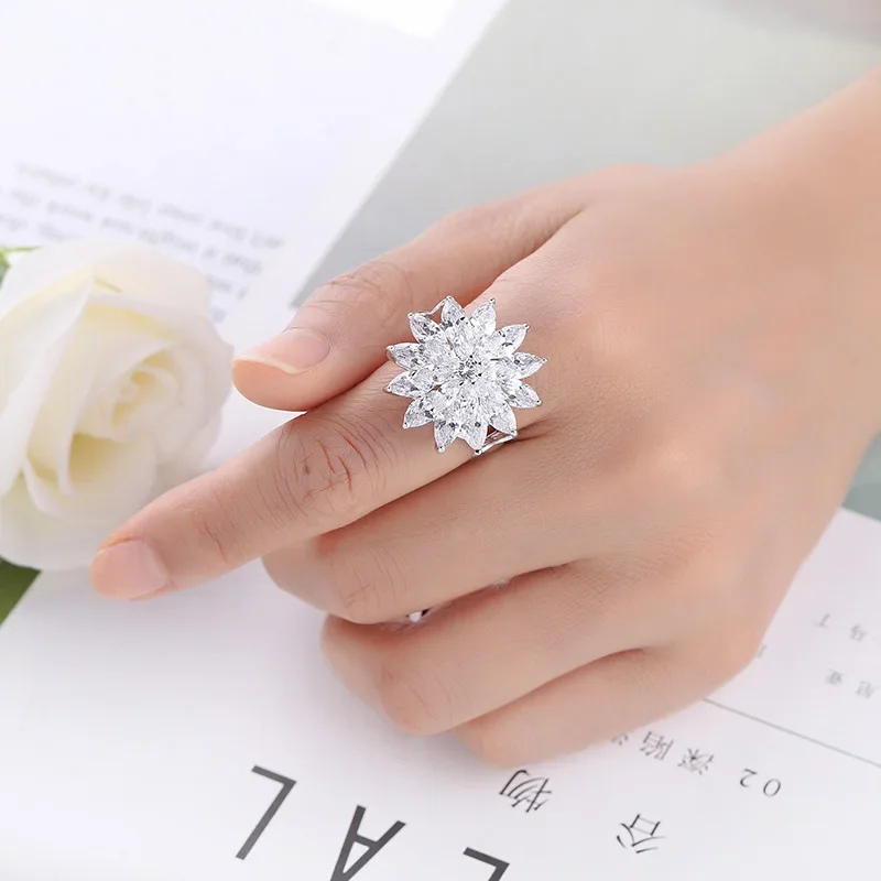 SODROV Luxury Exaggerated Crystal Rainbow Jewelry Rings for Women Engagement Wedding Colorful Zircon Flower Ring