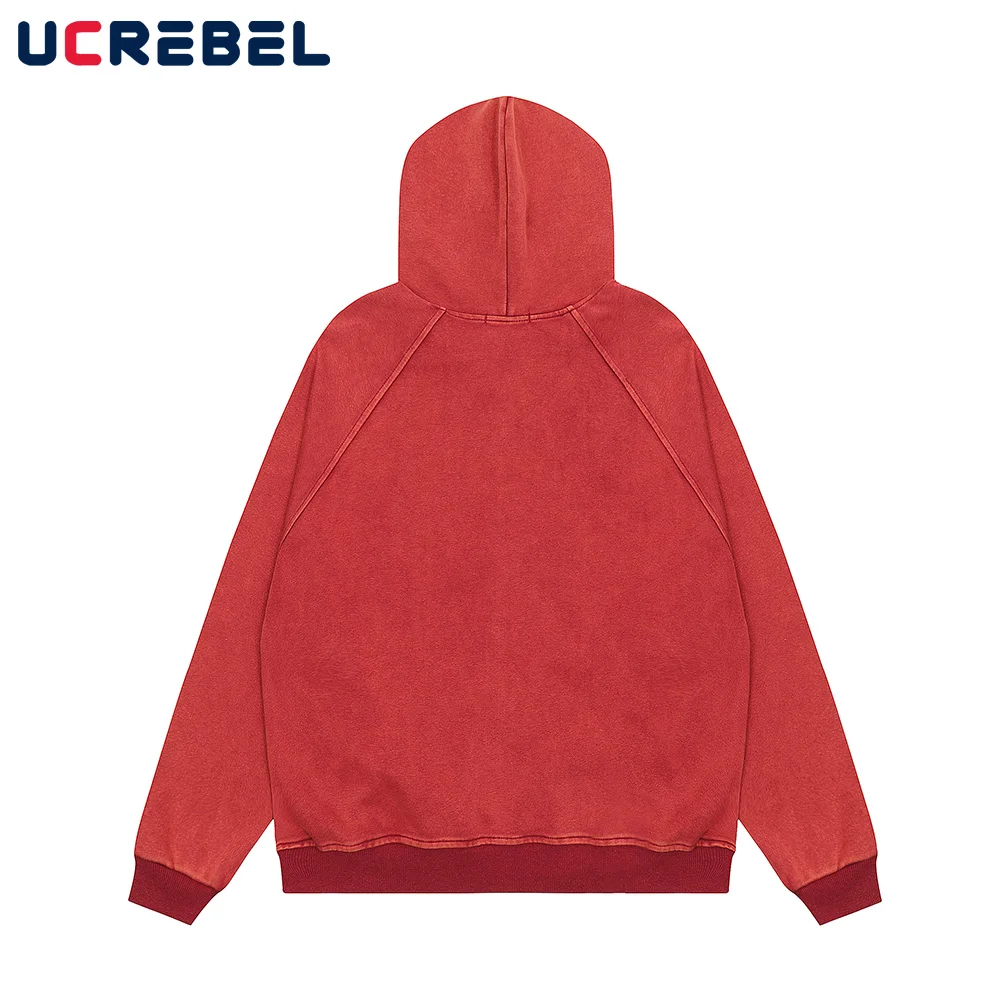 Print Hooded Jacket Mens Autumn Washed Distressed Rock High Street Loose Long Sleeve Zipper Fly Outerwear Men
