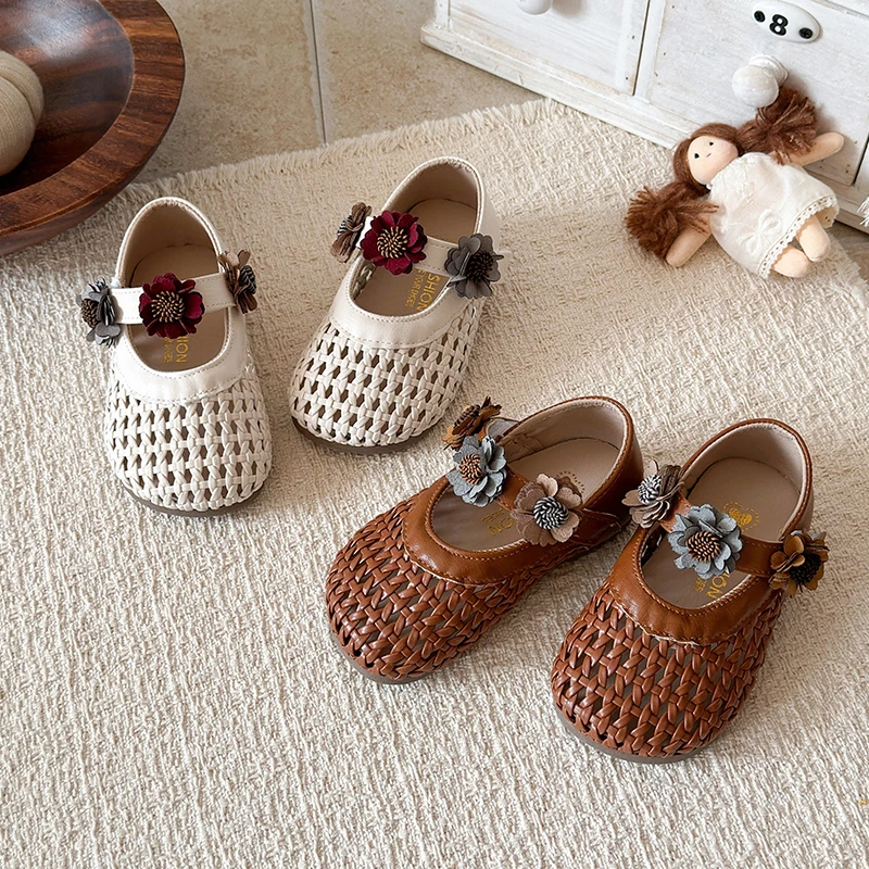 Girls Weave Flowers Mary Jane Shoes Soft Sole Children Leather Shoes for Party Wedding Kids Flats Princess Shoes Spring Autumn