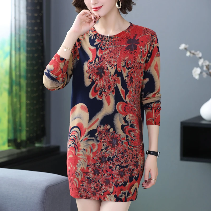 

Print Sweaters Dress 2025 Autumn Casual Long Sleeve Top Pullovers Knitwear Jumper Pull Elasticity Long Sweater For Women