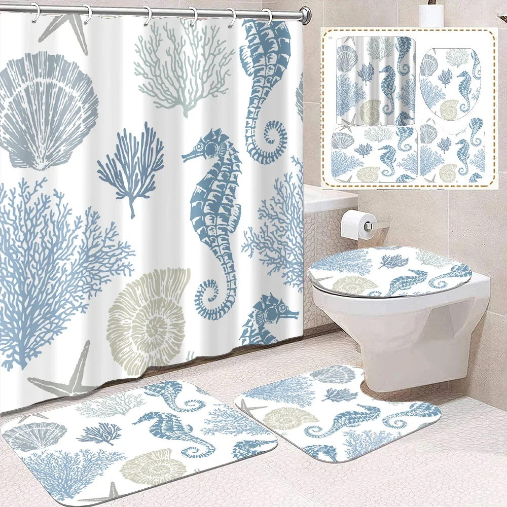 1 set of light blue shell seahorse printed shower curtains, summer ocean style, with 12 hooks and bathroom floor mats