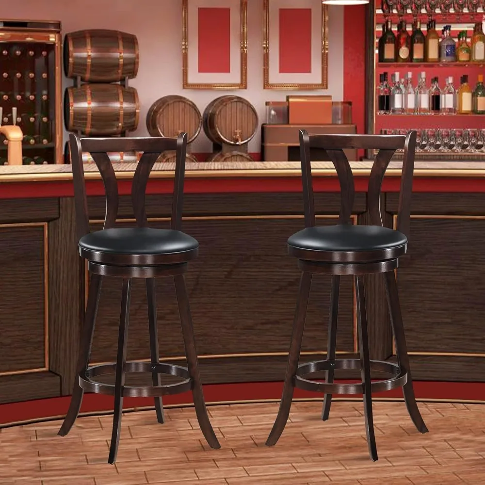 

Bar Stools Set of 4, 360-Degree Swivel Stools with Leather Padded Seat, Single Slat Back & Solid Rubber Wood Legs, Bar Chairs