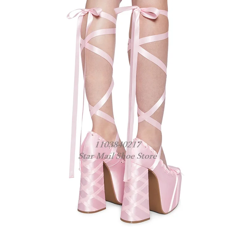 Super Platform Cross Tied Sandals Butterfly Knot Decoration Fashion Catwalk Heels Round Toe Chunky High Heels Big Size Banquet