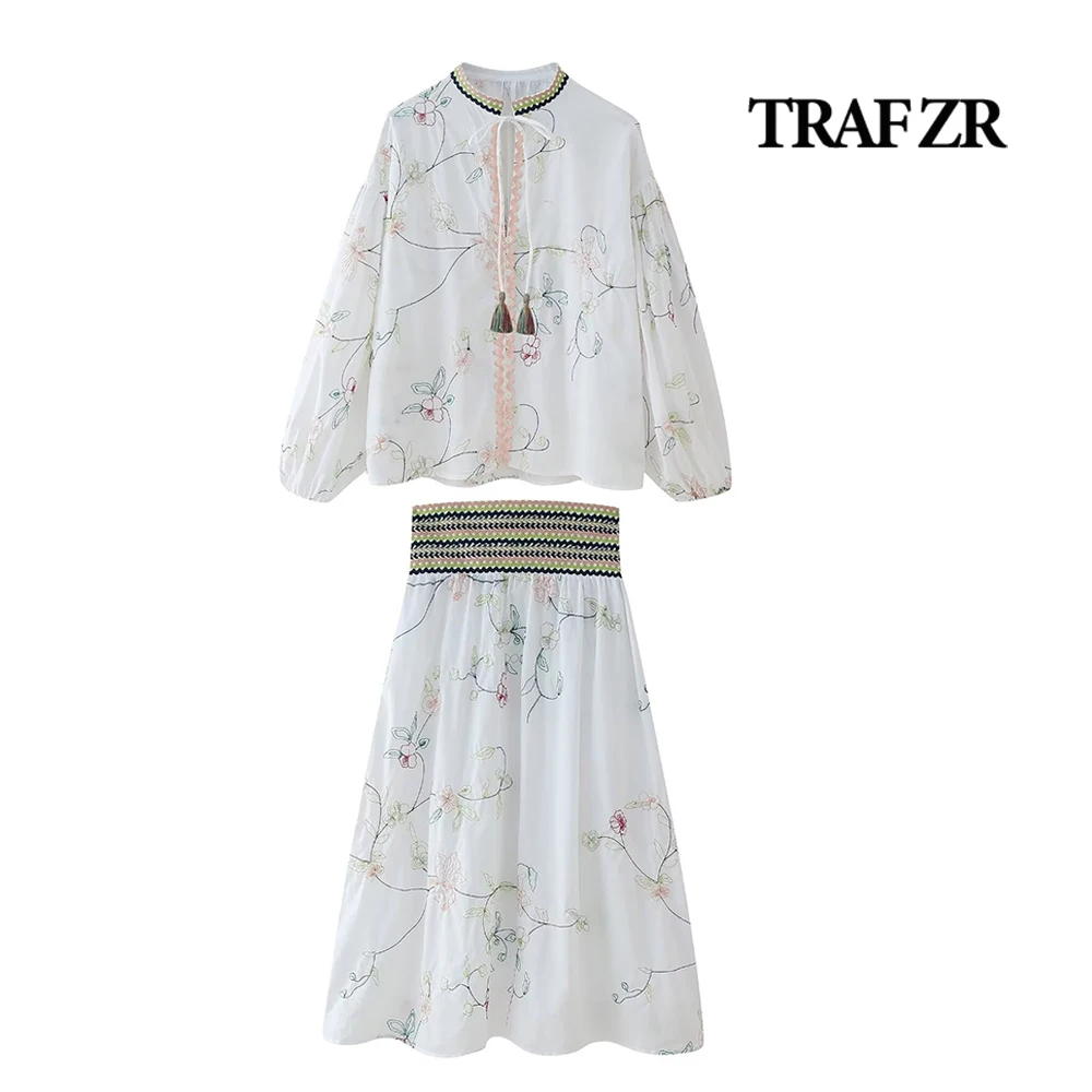 TRAF ZR Suit Skirts 2 Piece Dress Sets Floral Embroidered Chiffon Top Elegant Ruffled Midi A-line Skirt Back Elastic Shirring