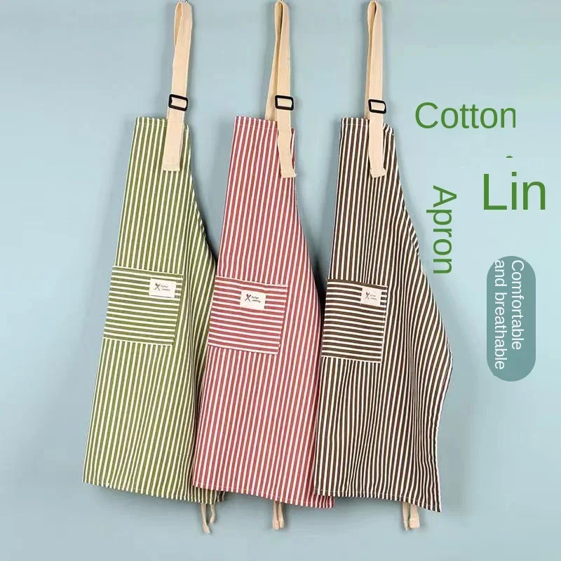 

Kitchen Apron Fashionable Linen Striped Aprons For Restaurant Work Chef Waiter Adjustable Size Household Kitchen Cleaning Apron