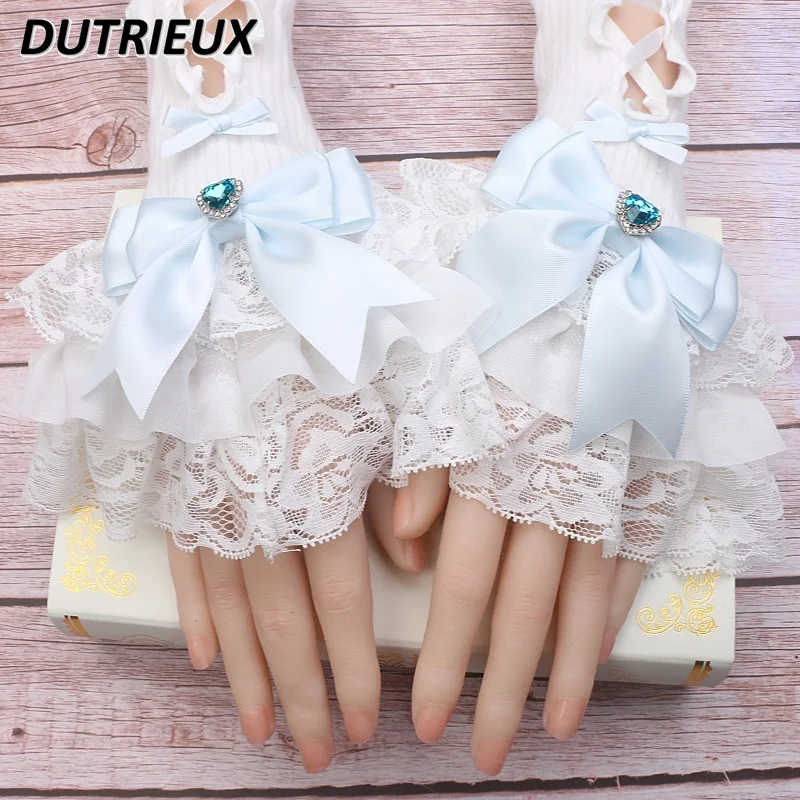 Japanese Handmade Sweet Lolita Mine Oversleeves Lace Bow Rhinestone Oversleeve Kawaii Girls Y2k Accessories Arm Warmers