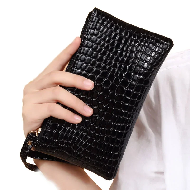 Crocodilo Padrão PU Carteira Longa para Mulheres, Litchi Grain Coin Purse, Bolsa Feminina, Bolsas de Pulso, Telefone Bolso, Titular do Cartão de Crédito, Zipper, Novo