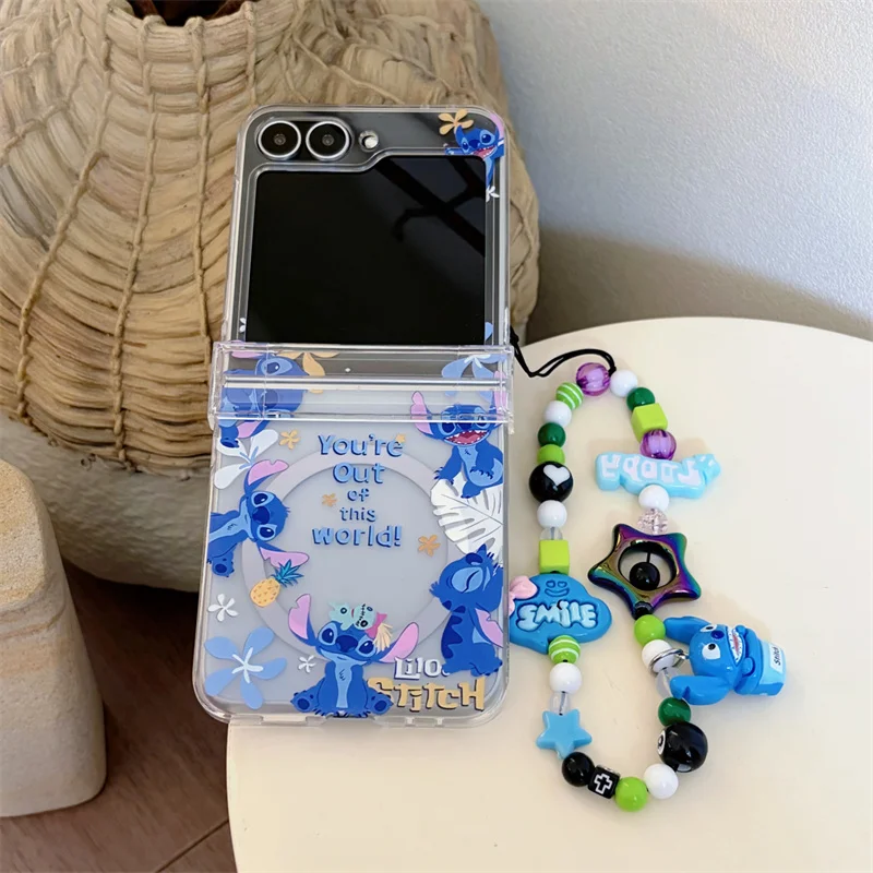 Cartoon 3D Bear Stitch Clear Phone Case For Samsung Galaxy Z Flip 8 5 6 7 Z Flip8 Cute Fold Cover With Bead Wrist Strap Gifts