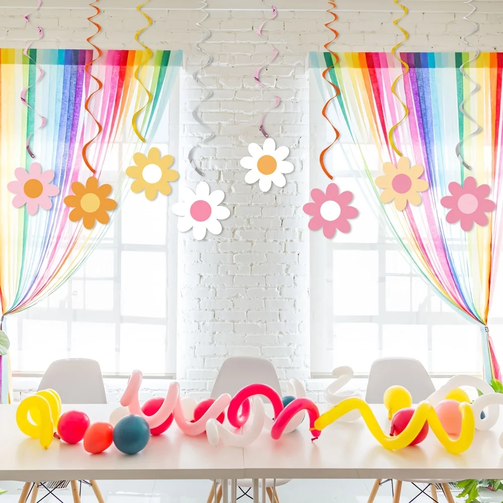 Set mit 16 rotierenden Gänseblümchen-Hängedekorationen – ideal für Boho-Hippie-Retro-Geburtstagsfeiern – Detail 5