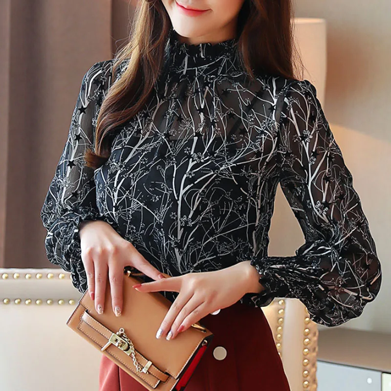 Women Chiffon Blouses 2023 Casual Stand Collar Floral Women Clothing Long Sleeve Printed Shirt Women Tops Chemise Femme 6197