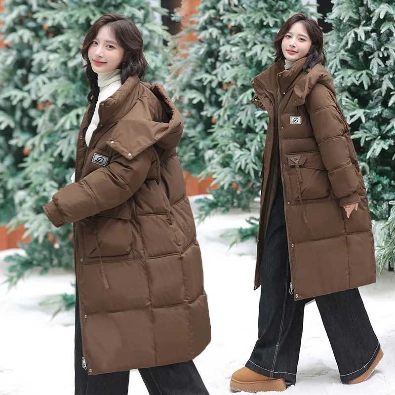 2026 Fashion Long Down Cotton-padded Jacket Women's Parkas Winter Hooded Coats Thicken Warm Loose Outerwear Lady Casual Overcoat