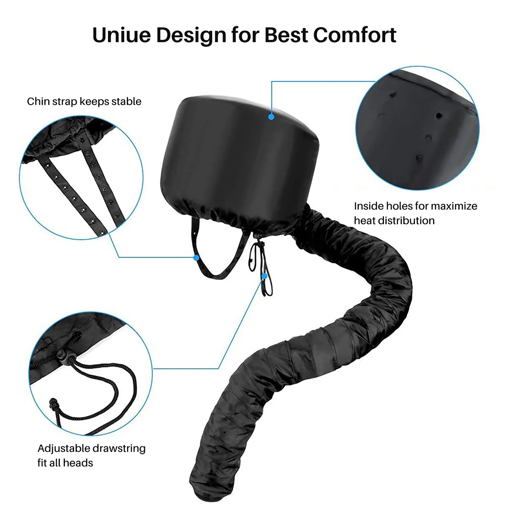 L65A-Hood Hair Dryer Attachment- Soft, Adjustable Extra Large Hooded Bonnet For Hand Held Hair Dryer With Stretchable Grip And E