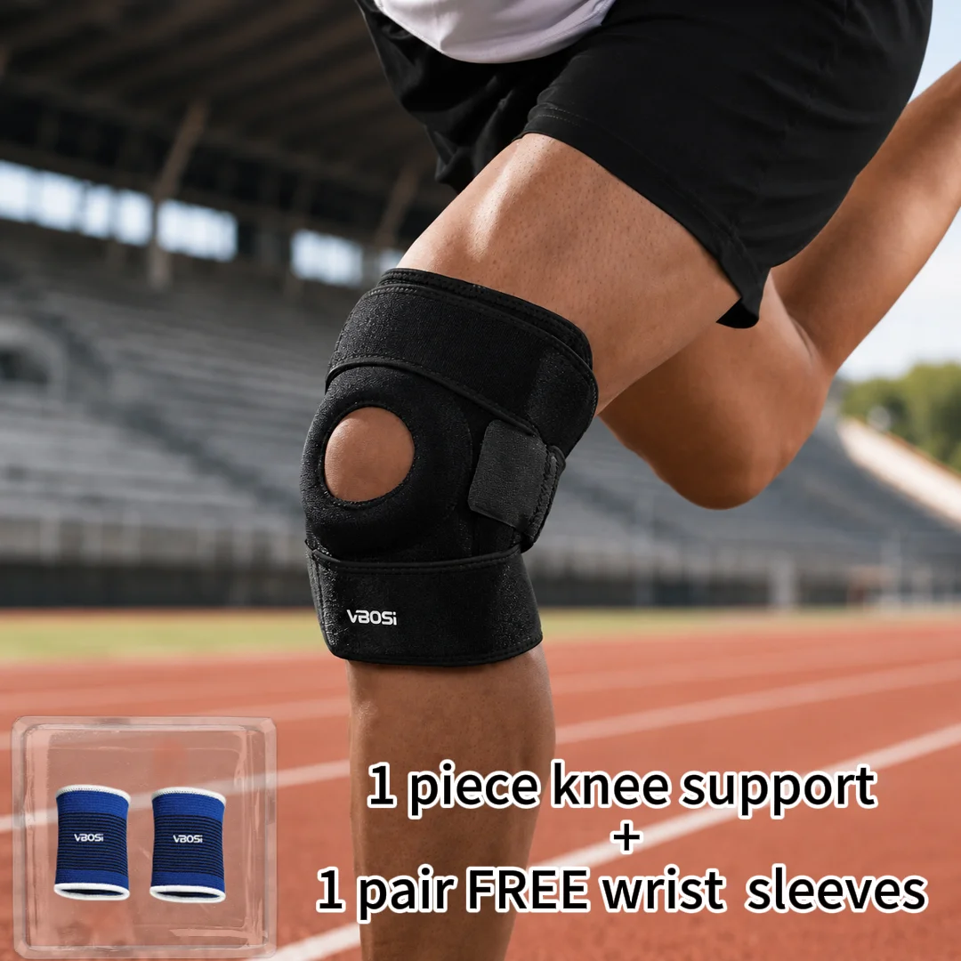 1 Piece Knee Support + 1 Pair Free Wrist Sleeves, Men and Women Open Knee Sleeve, Vent Holes, PVC Side Stays, Running Basketball