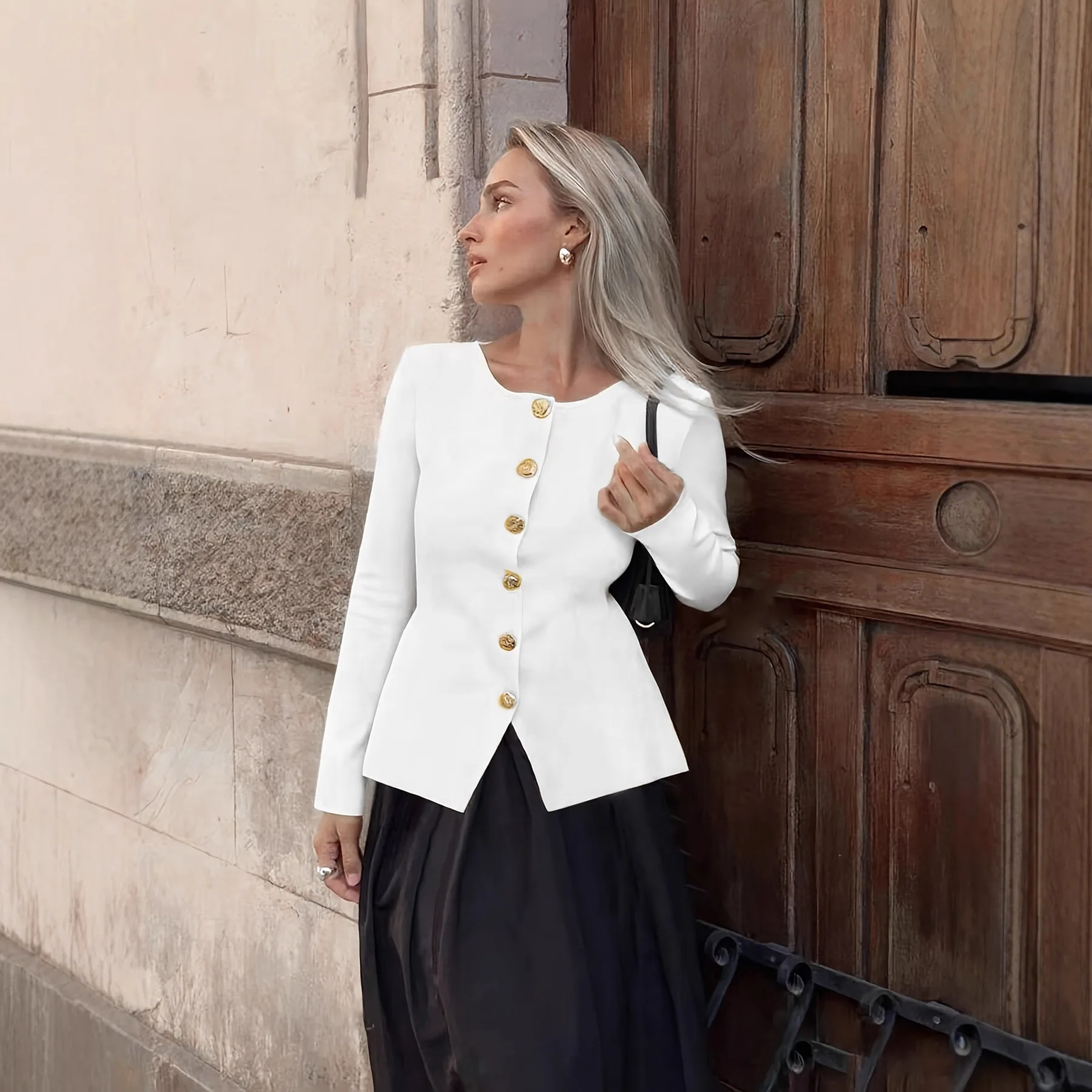 

2025 New Fashion Slim Button Long Sleeve Jacket Women Autumn Elegant Round Neck Home Solid Color Cardigan for Women